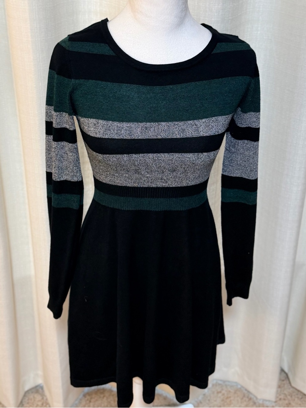by & by Black, Forest Green & Gray Striped Fit-and-Flare Dress
